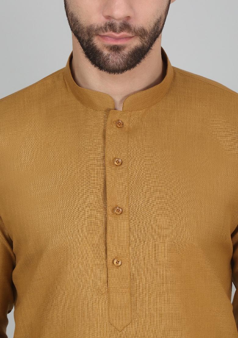 Gold Solid Cotton Blend Kurta For Men