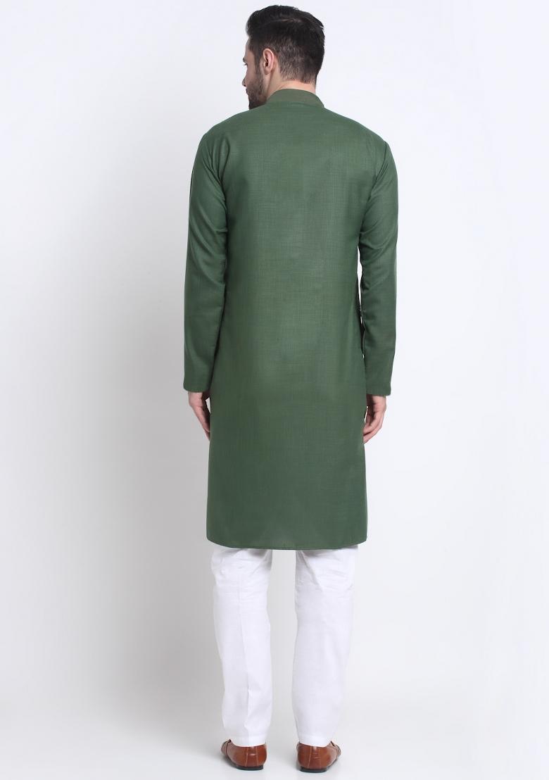 Green Solid Cotton Blend Kurta For Men
