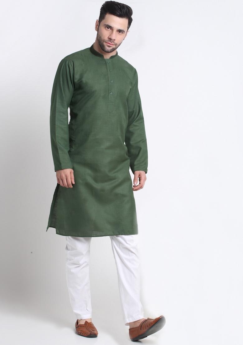Green Solid Cotton Blend Kurta For Men