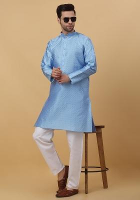 Blue Woven Design Jacquard Kurta For Men