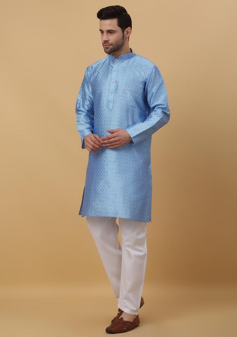 Blue Woven Design Jacquard Kurta For Men