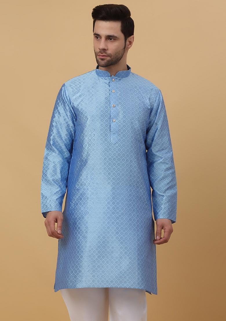 Blue Woven Design Jacquard Kurta For Men
