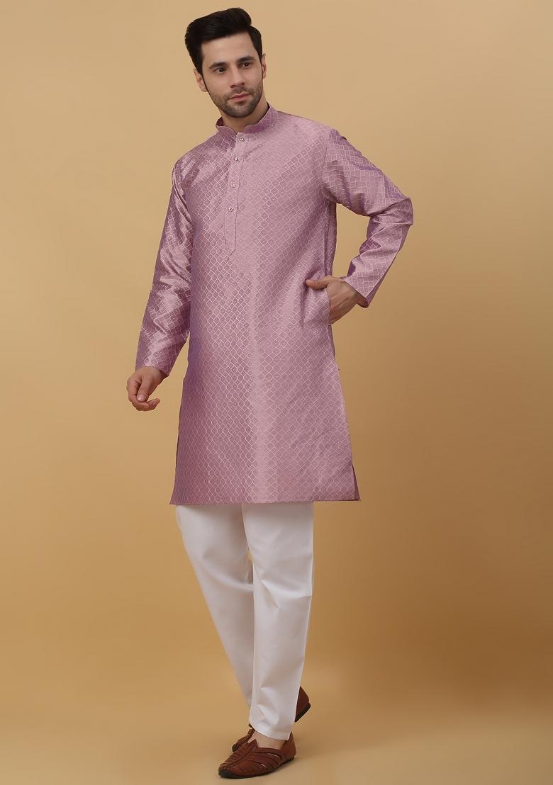 Mauve Woven Design Jacquard Kurta For Men