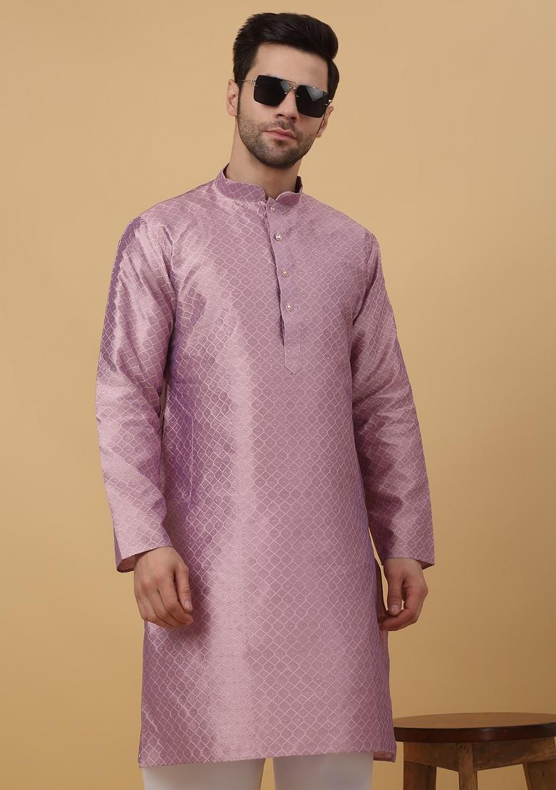 Mauve Woven Design Jacquard Kurta For Men