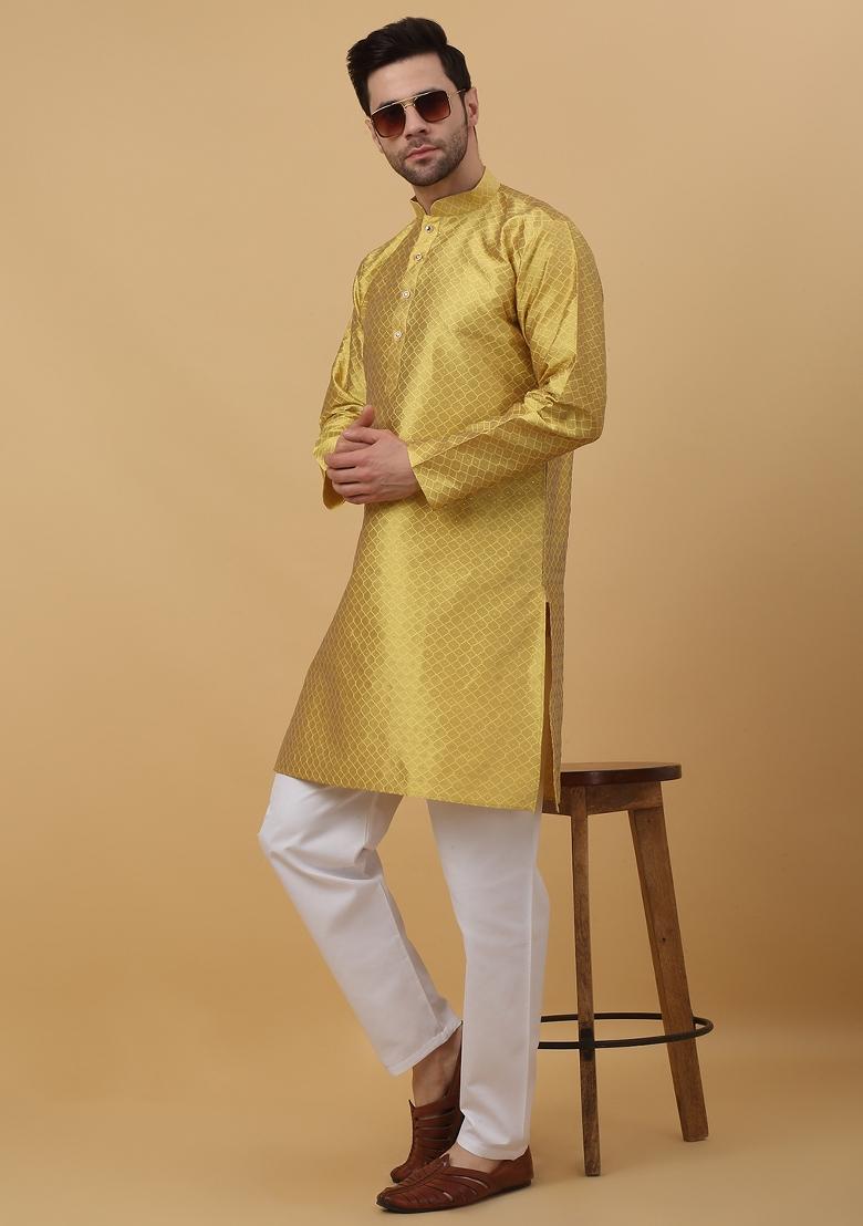 Yellow Woven Design Jacquard Kurta For Men