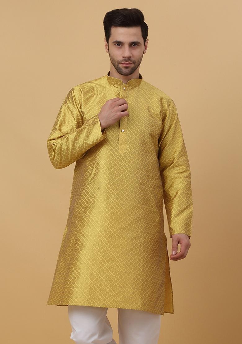 Yellow Woven Design Jacquard Kurta For Men