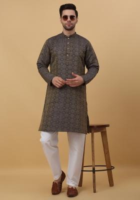 Blue Woven Design Jacquard Kurta For Men