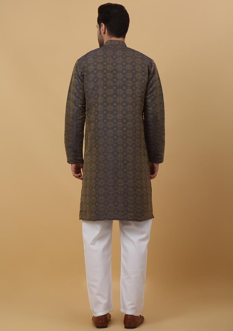 Blue Woven Design Jacquard Kurta For Men