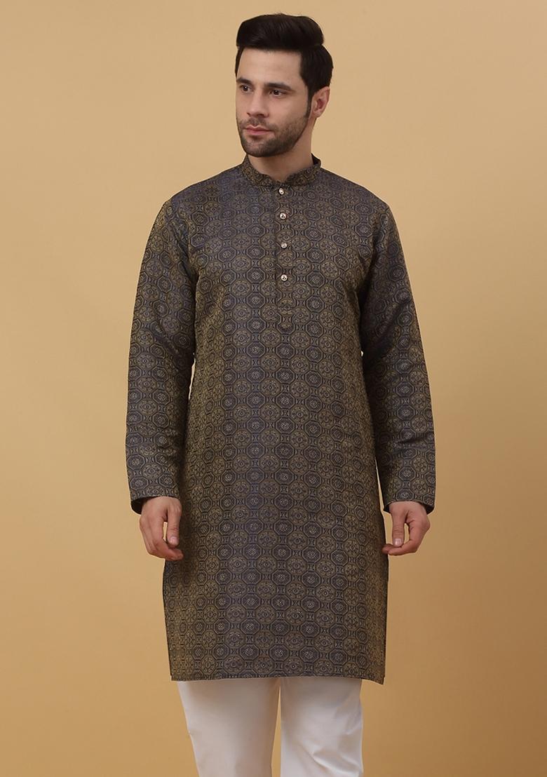 Blue Woven Design Jacquard Kurta For Men