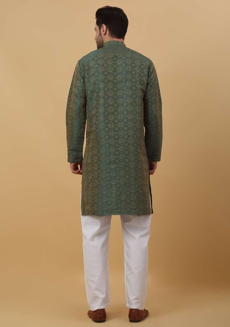 Green Woven Design Jacquard Kurta For Men - Indya