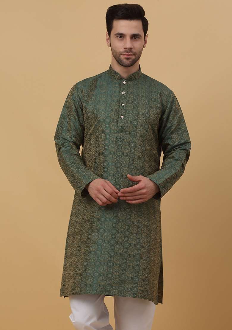 Green Woven Design Jacquard Kurta For Men - Indya