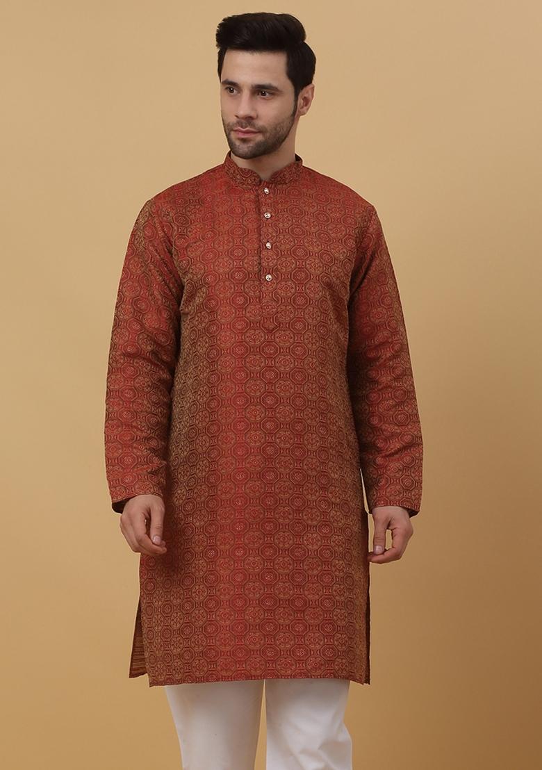 Maroon Woven Design Jacquard Kurta For Men
