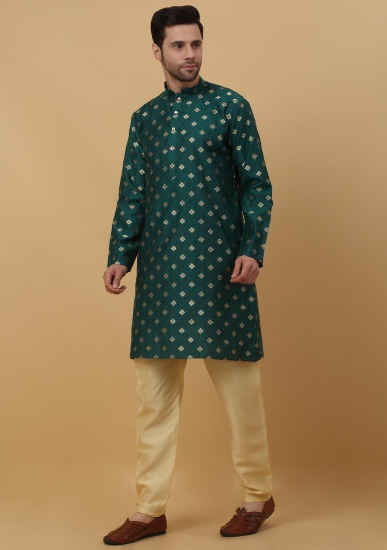 Green Woven Design Jacquard Kurta For Men
