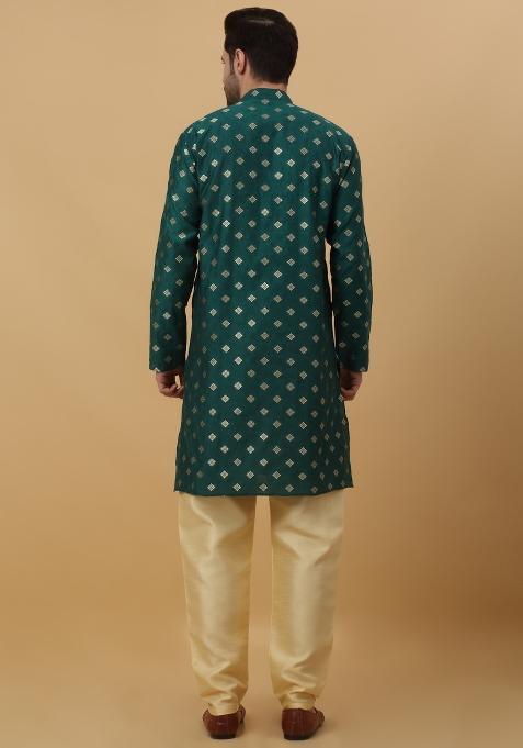 Green Woven Design Jacquard Kurta For Men