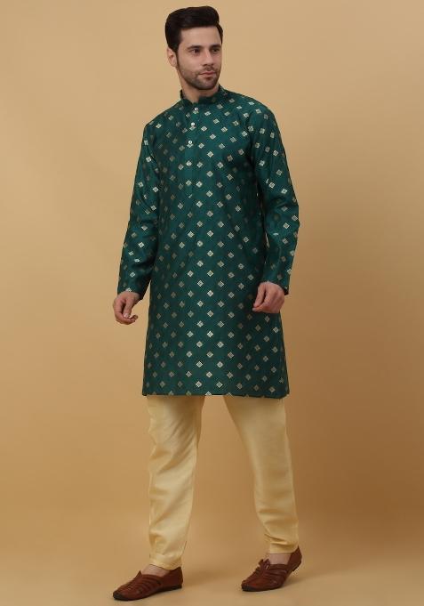 Green Woven Design Jacquard Kurta For Men