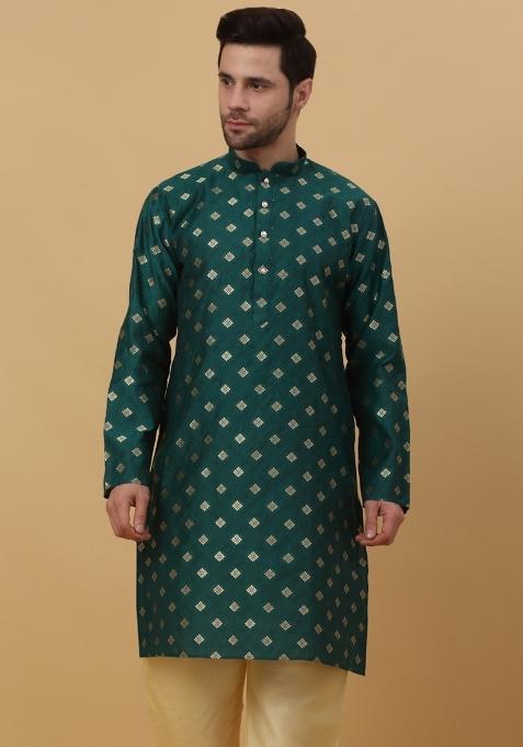 Green Woven Design Jacquard Kurta For Men