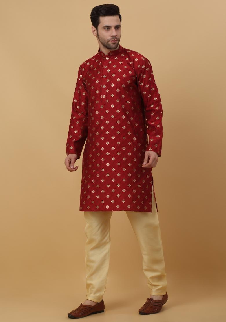 Red Woven Design Jacquard Kurta For Men