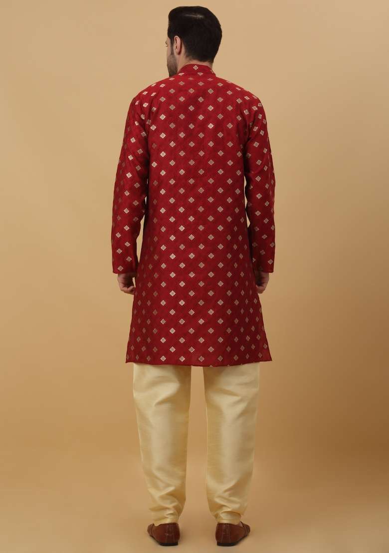 Red Woven Design Jacquard Kurta For Men - Indya