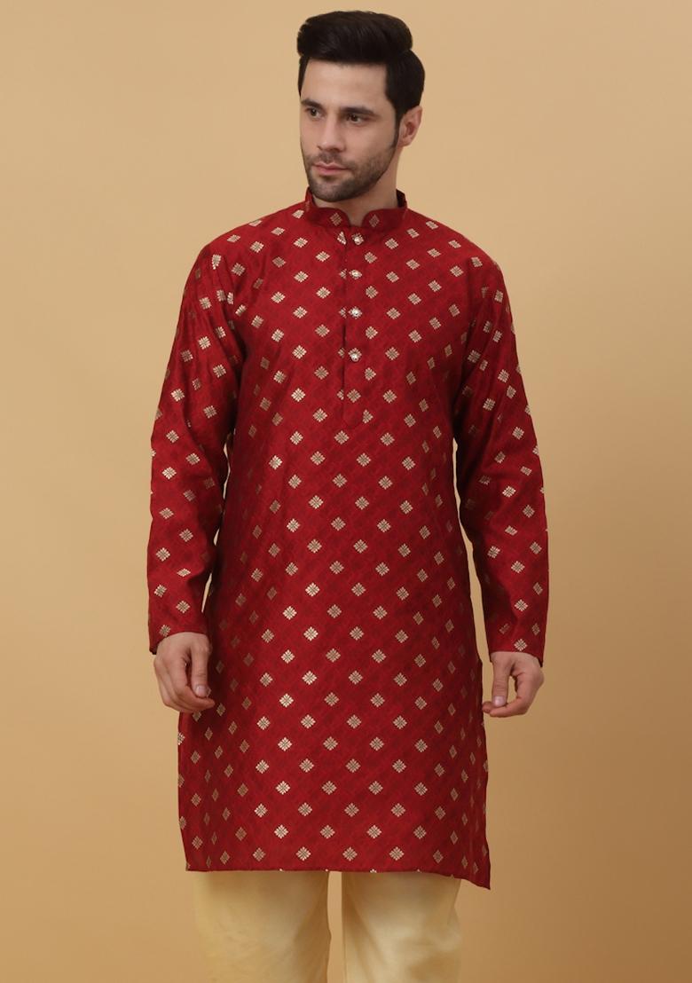 Red Woven Design Jacquard Kurta For Men