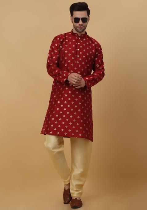 Red Woven Design Jacquard Kurta For Men