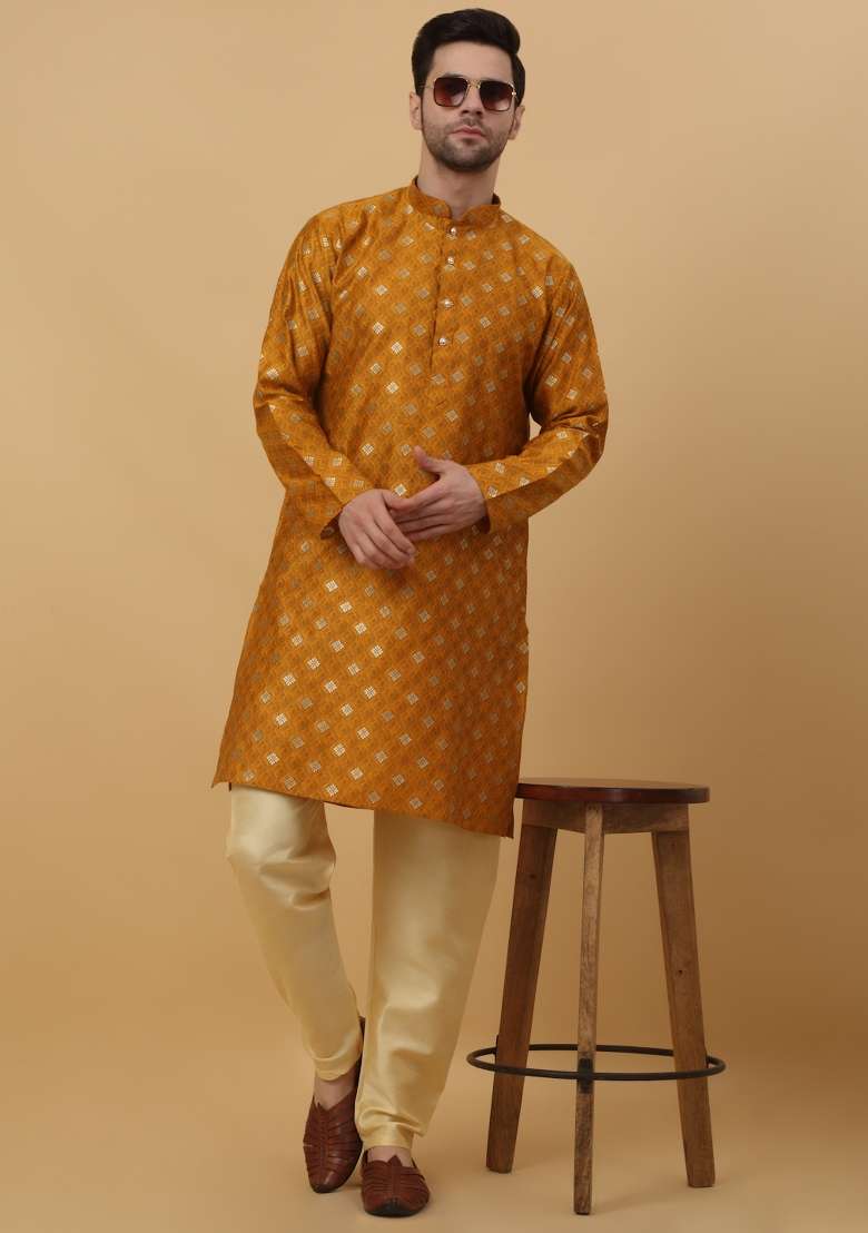 Yellow Woven Design Jacquard Kurta For Men - Indya