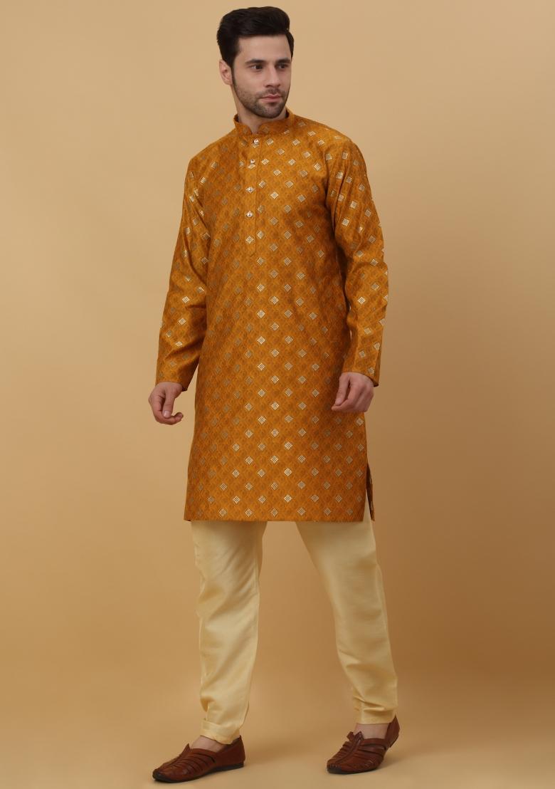 Yellow Woven Design Jacquard Kurta For Men