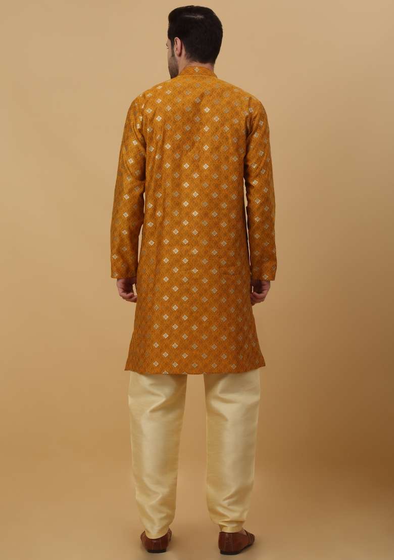 Yellow Woven Design Jacquard Kurta For Men - Indya