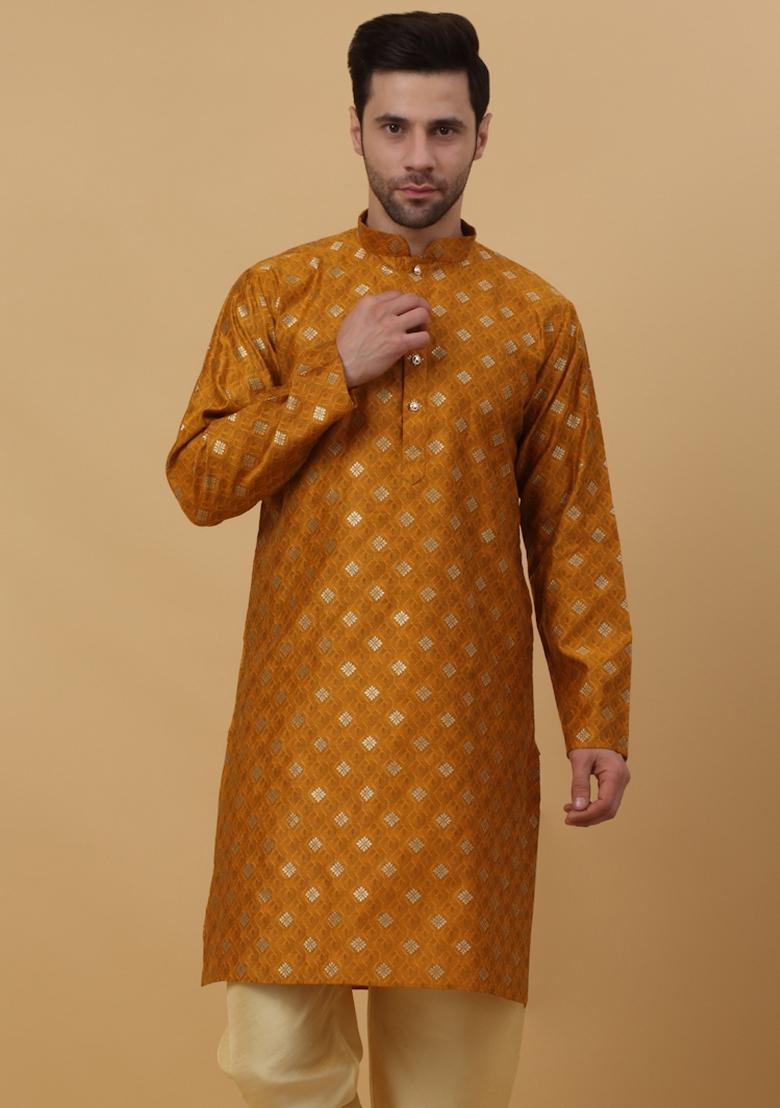 Yellow Woven Design Jacquard Kurta For Men