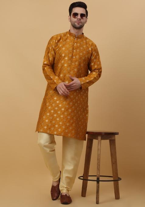 Yellow Woven Design Jacquard Kurta For Men