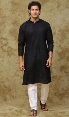 Black Geometric Motifs Cotton Kurta Set For Men
