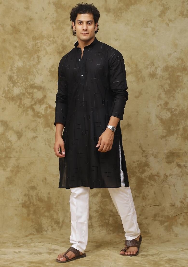 Black Geometric Motifs Cotton Kurta Set For Men