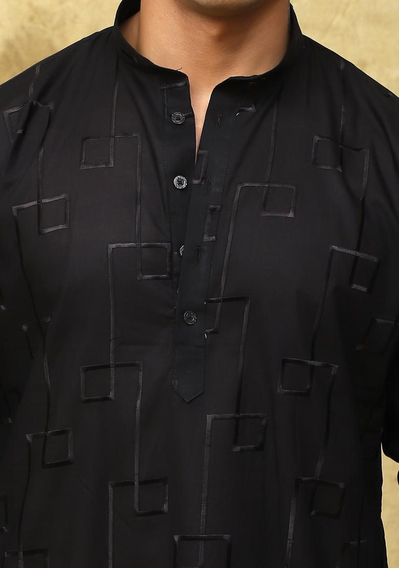 Black Geometric Motifs Cotton Kurta Set For Men