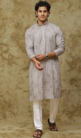 Grey Geometric Motifs Cotton Kurta Set For Men