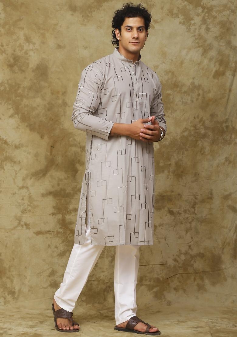 Grey Geometric Motifs Cotton Kurta Set For Men