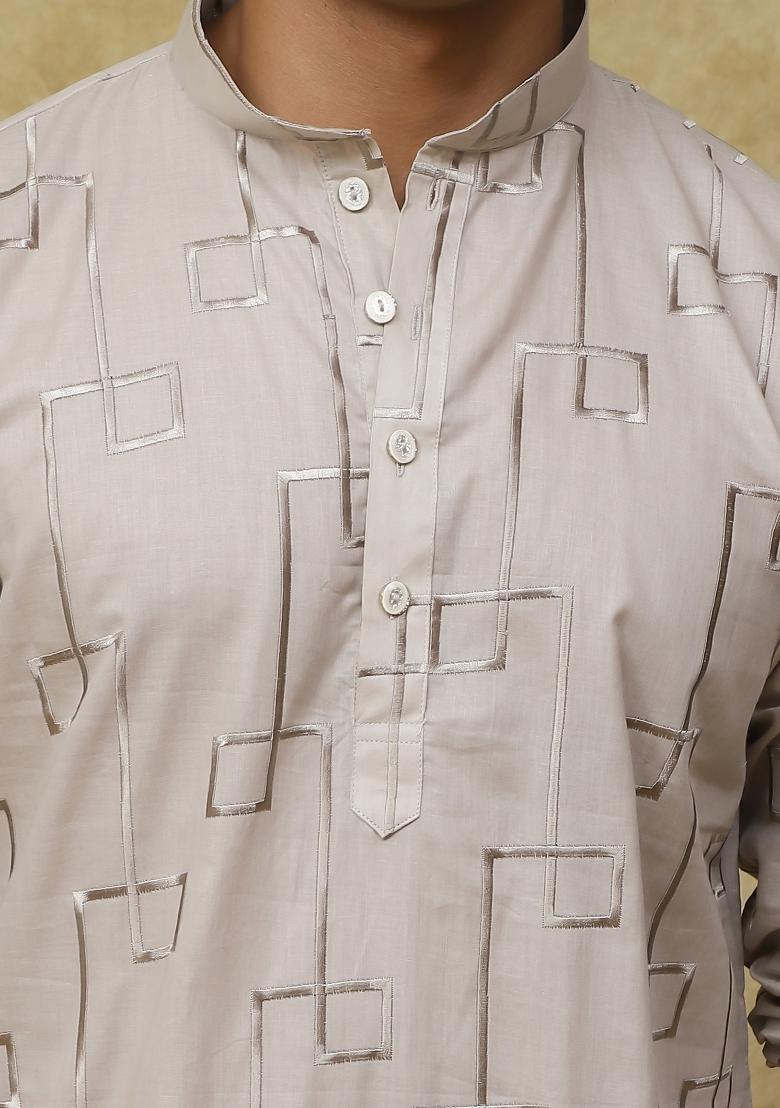 Grey Geometric Motifs Cotton Kurta Set For Men