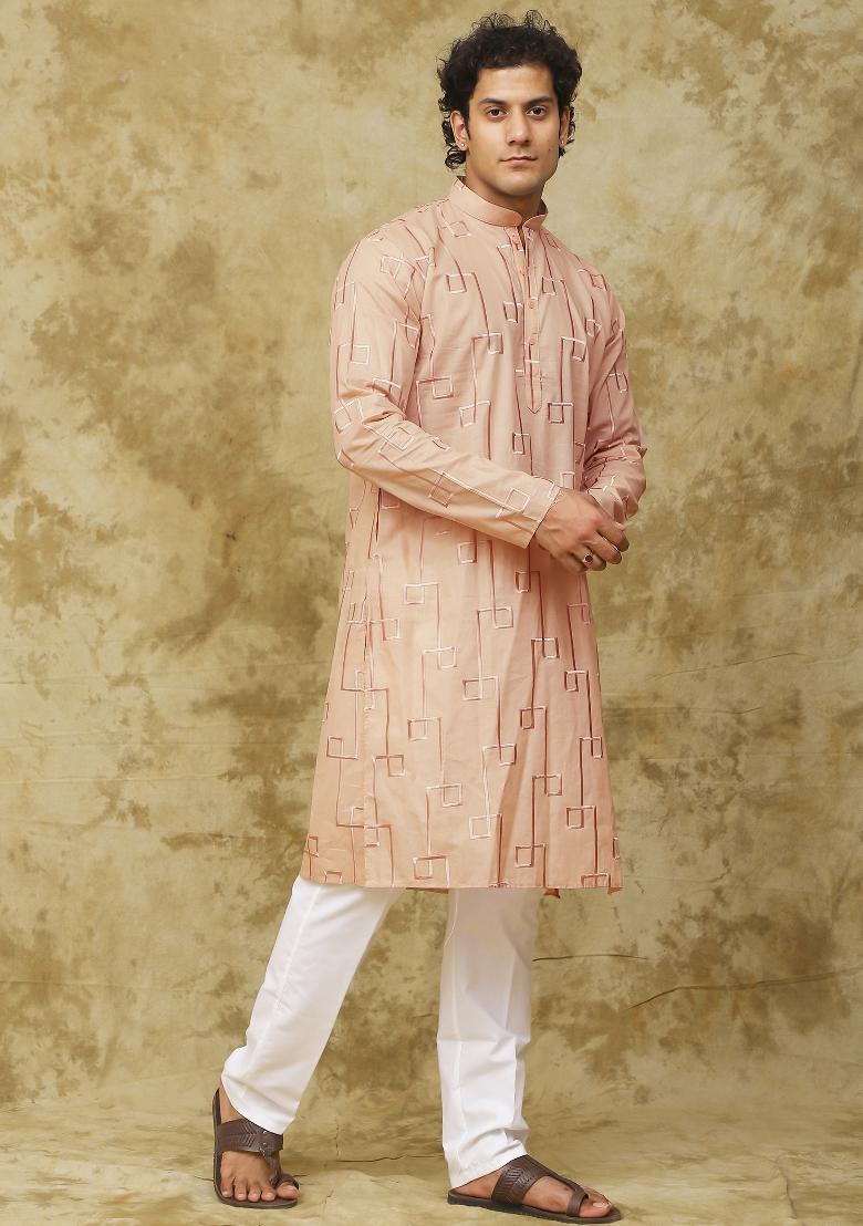 Peach Geometric Motifs Cotton Kurta Set For Men