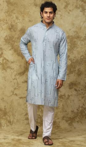 Skyblue Geometric Motifs Cotton Kurta Set For Men