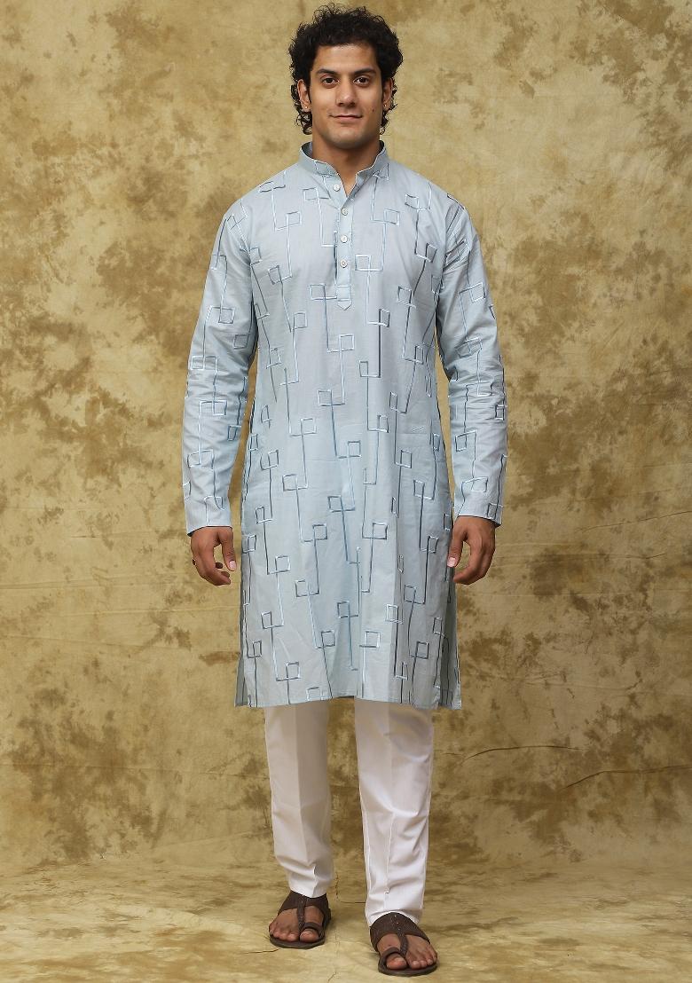 Skyblue Geometric Motifs Cotton Kurta Set For Men