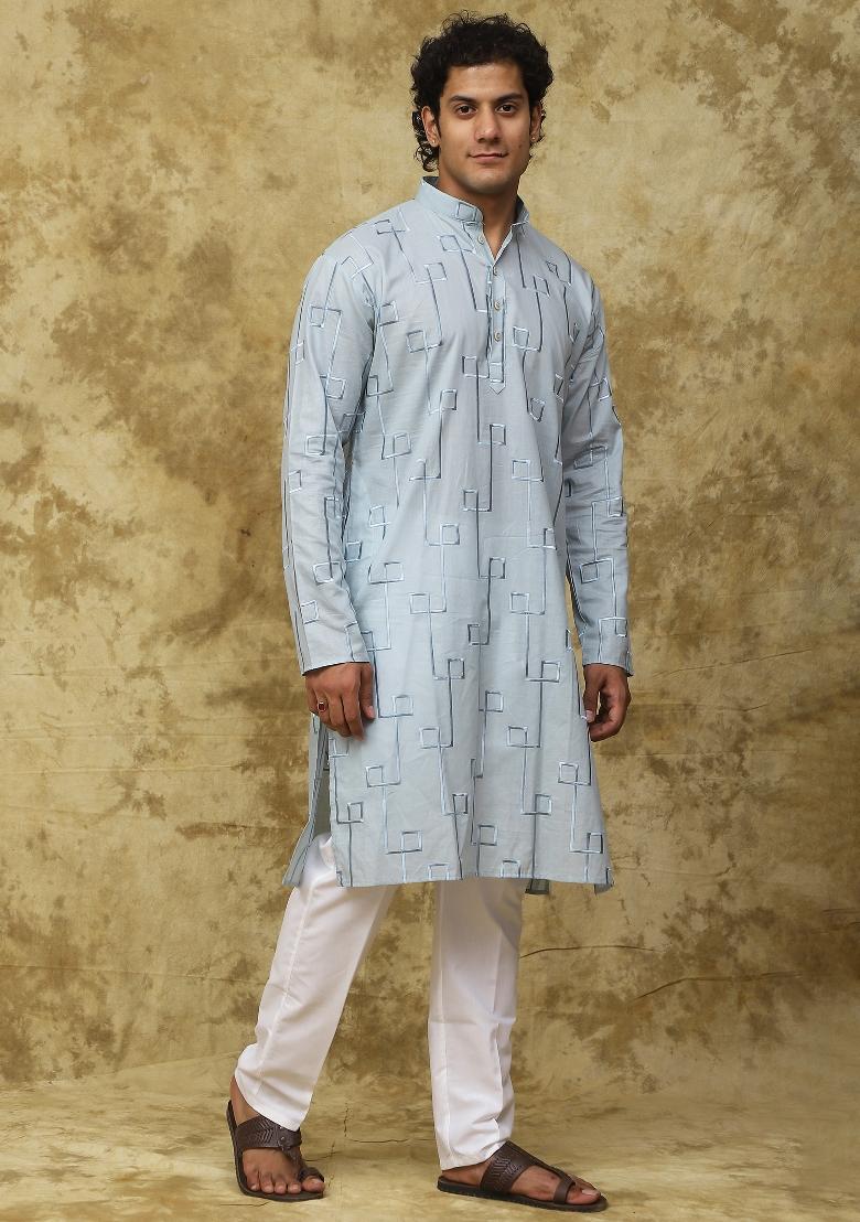 Skyblue Geometric Motifs Cotton Kurta Set For Men