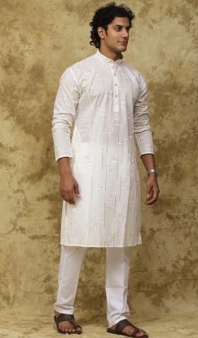 White Geometric Motifs Cotton Kurta Set For Men