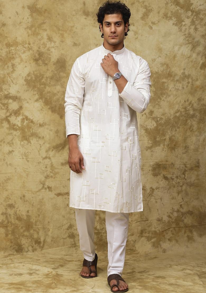 White Geometric Motifs Cotton Kurta Set For Men