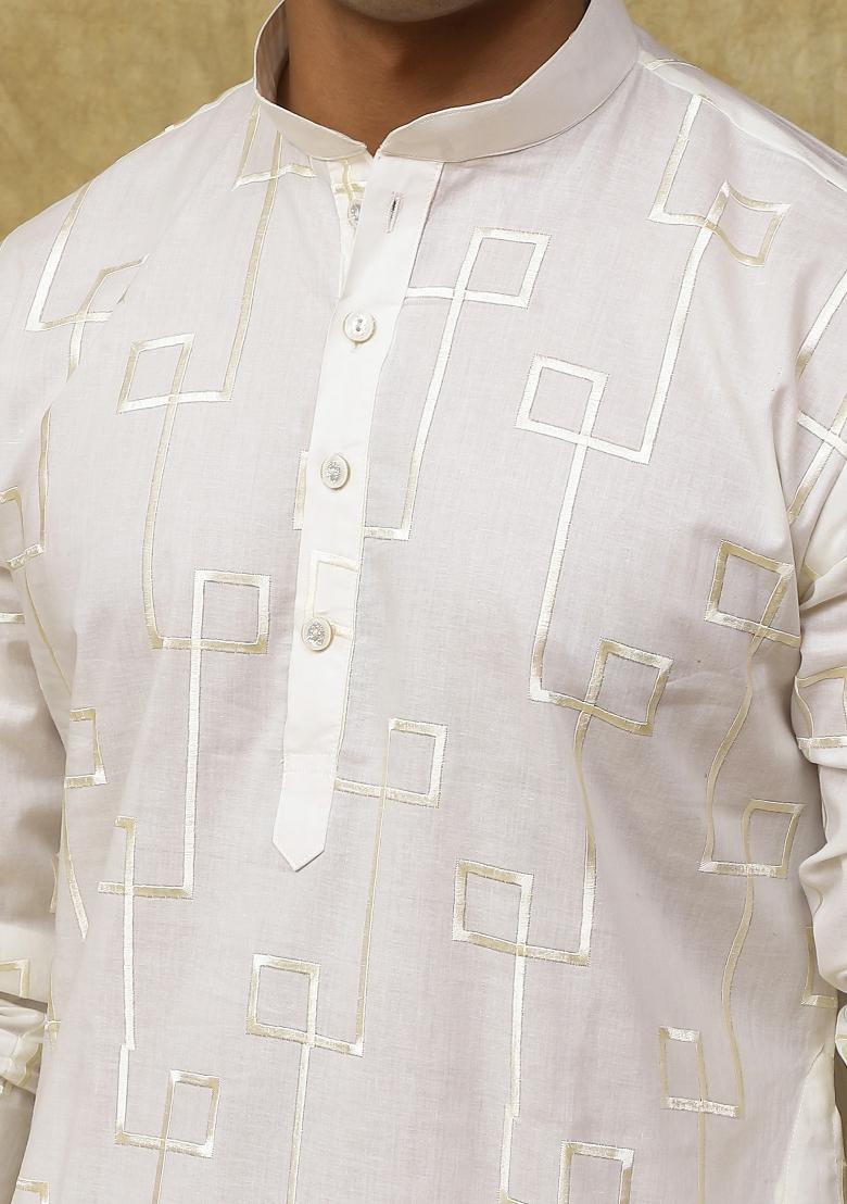 White Geometric Motifs Cotton Kurta Set For Men