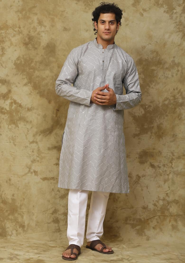 Grey Embroidered Cotton Kurta Set For Men