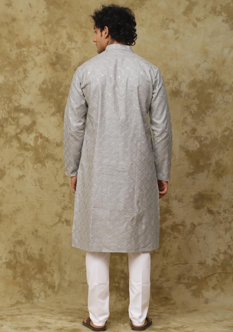 Grey Embroidered Cotton Kurta Set For Men