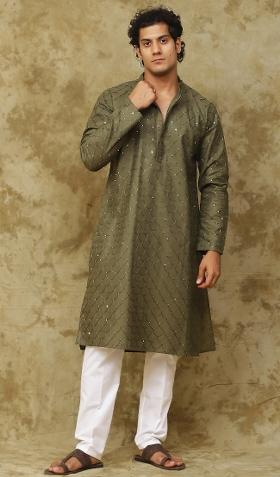Dark Mehendi Green Embroidered Cotton Kurta Set For Men