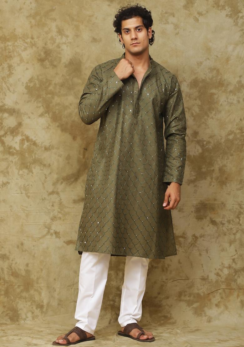 Dark Mehendi Green Embroidered Cotton Kurta Set For Men