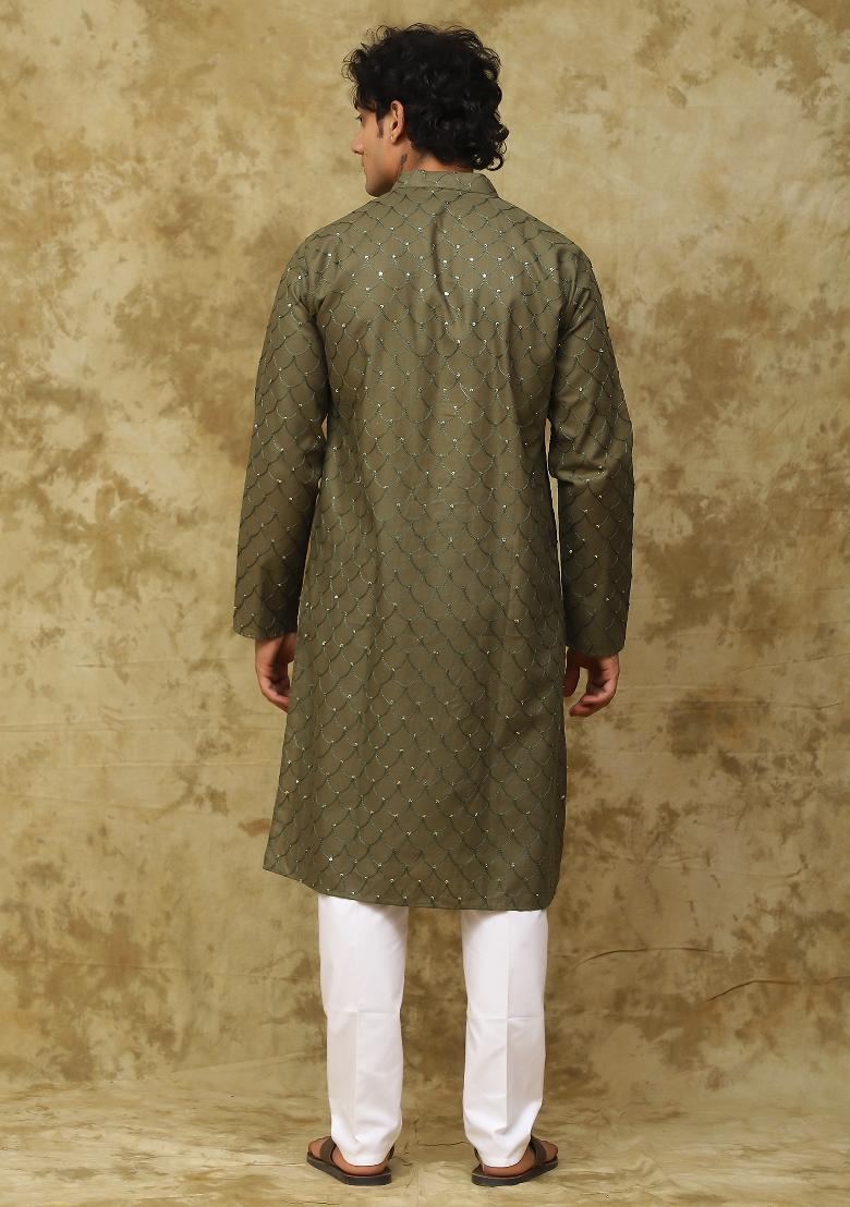 Dark Mehendi Green Embroidered Cotton Kurta Set For Men