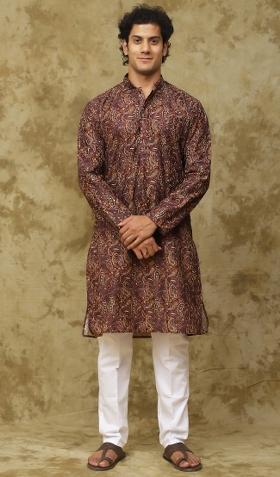 Brown Embroidered Cotton Kurta Set For Men