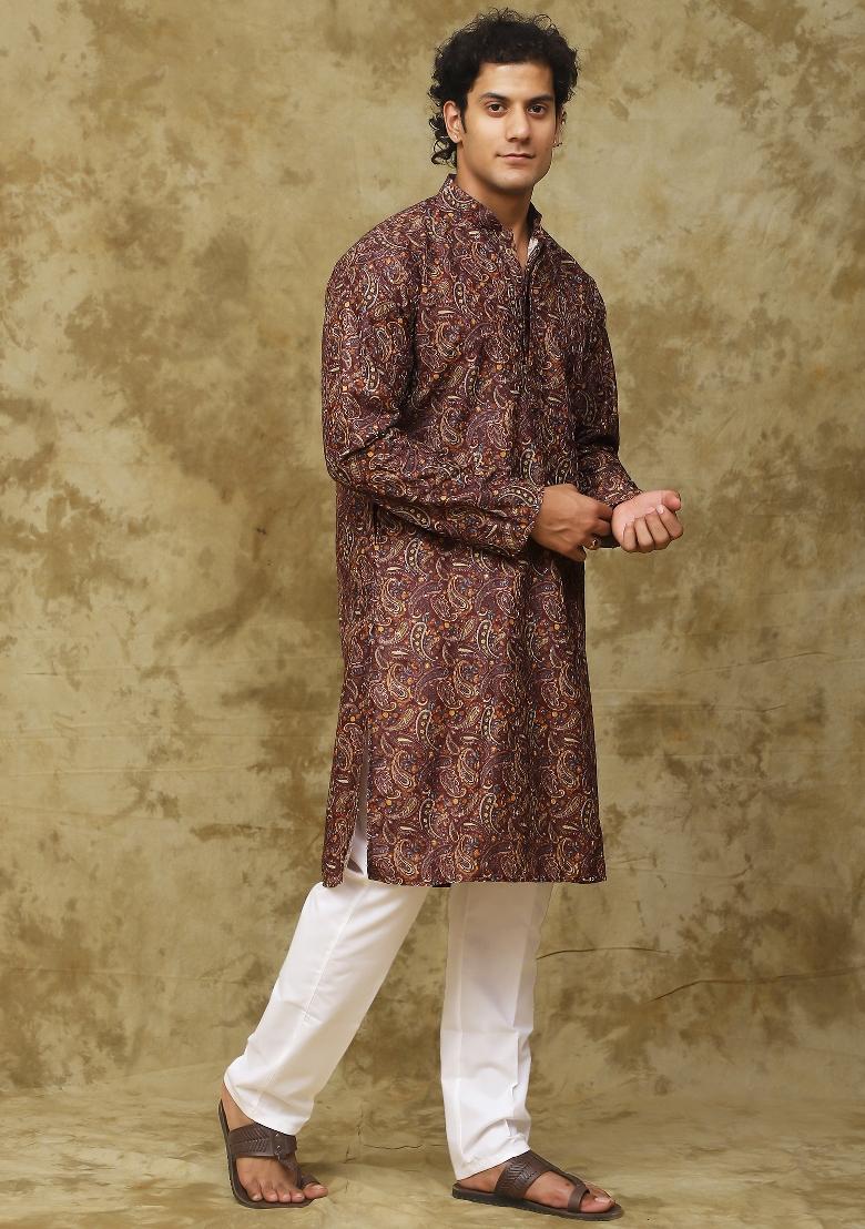 Brown Embroidered Cotton Kurta Set For Men