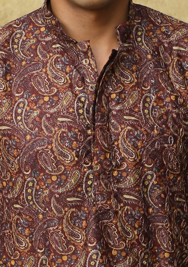 Brown Embroidered Cotton Kurta Set For Men